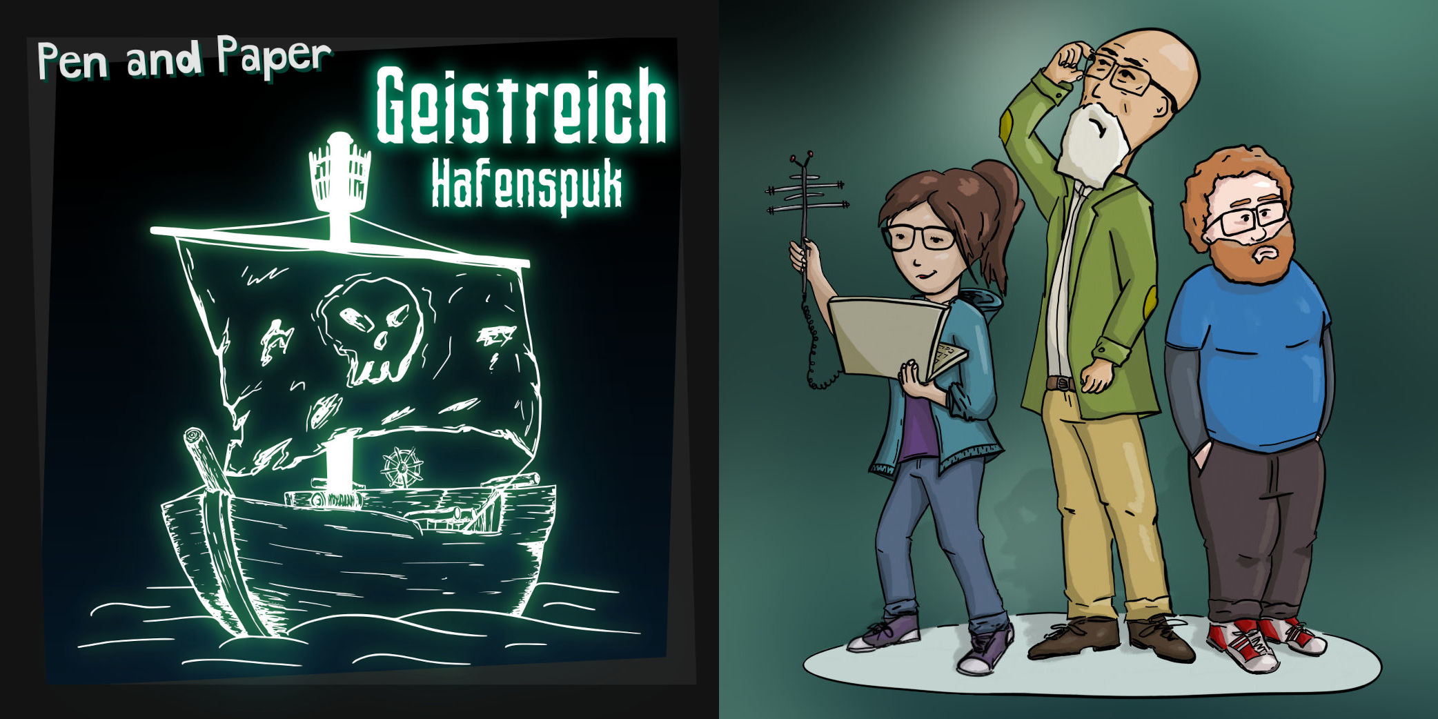 Das Cover zeigt ein Geisterschiff mit dem Titel Geistreich: Hafenspuk. Auf der rechten Seite sind die drei Haupt-Charaktere zu sehen: Eine junge Frau mit einem Laptop und einer Antenne in der Hand, ein glatzköpfiger älterer Herr mit einem weißen Bart und ein bärtiger Mann im mittleren Alter, der die Hände in den Hosentaschen hat.