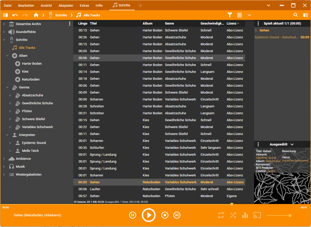 Screenshot: Trackliste in der Schritt-Soundeffekte-Bibliothek mit Überblick über Genres und Alben