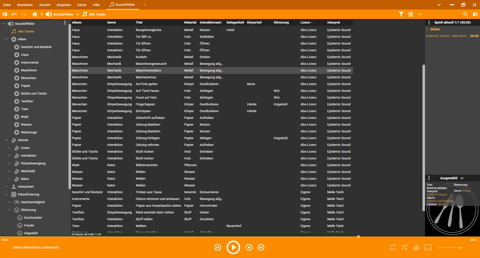 Screenshot: Trackliste in der Soundeffekte-Bibliothek mit Überblick über Genres und Alben